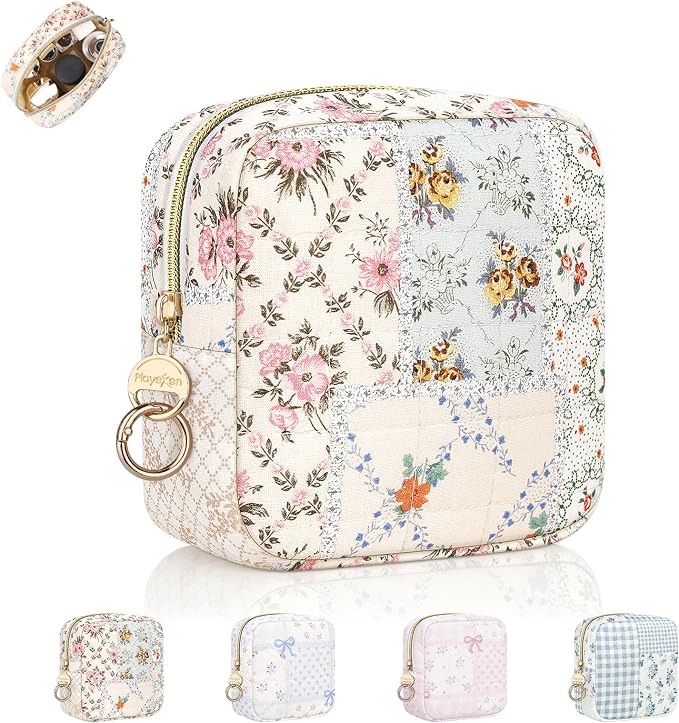 Quilted Small Makeup Pouch for Purse, Floral Cosmetic Bag, Yellow | Floral Travel Makeup Pouch, Make Up Pouch for Women, Purse Organizer Pouches for Travel/ Gym/ Daily Use, Perfect Gifts