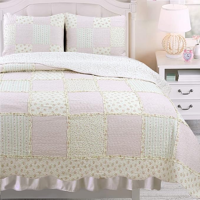 Cozy Line Home Fashions Floral Light Pink True Patchwork 100% Cotton Girl Quilt Bedding Set, Reversible Coverlet Bedspread (Sweet Peach, Twin - 2 Piece)