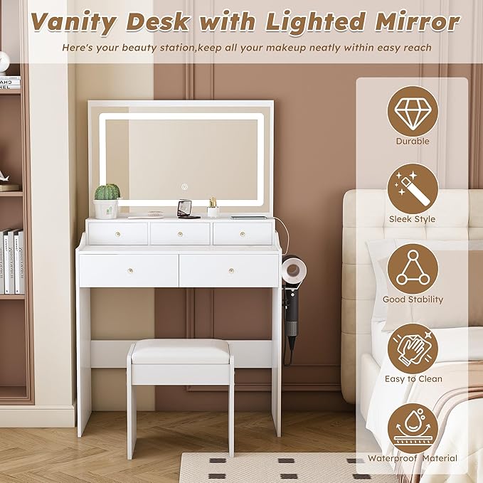 Small Vanity Desk with Mirror and Lights, Makeup Vanity Table with Large Mirror & 5 Drawers & Stool & Hair Dryer Holder, Dressing Table Set for Bedroom, Brightness Adjustable