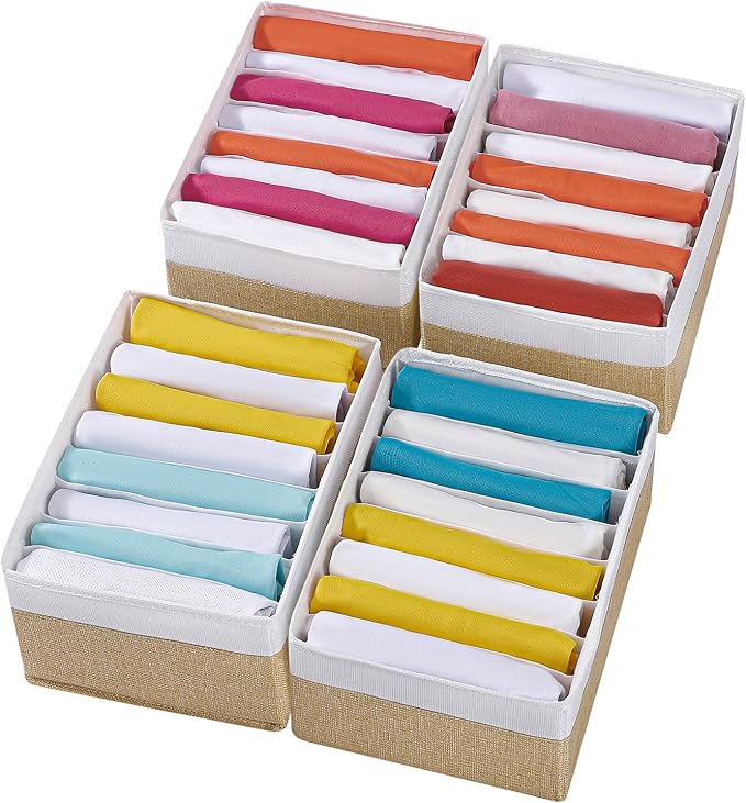 4 Packs T-shirt Drawer Organizers for Clothing,8 Grids Compartment Wardrobe Storage Box, Washable Clothes Organizer for Folded Clothes, Legging, Silk Scarve-12.59''x9.05''x5.9-BeigeWhite