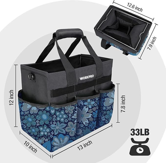 WORKPRO Garden Tool Bag, 10 Pockets and Shoulder Strap, Floral Blue | Heavy Duty Gardening Organizer Tote Bag Standable Garden Home Tool Kits Organizer (Tools are not Included)