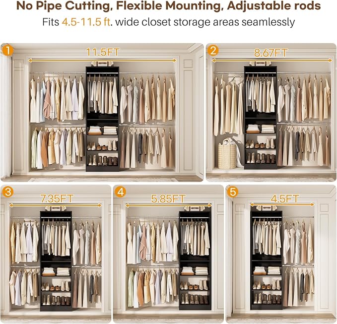 Homieasy Closet System, 4.5-11.5 Ft Expandable Closet Organizer with 5 Hanging Rods, Walk-in Wood Closet Organizer System with Storage Tower, Heavy Duty Garment Rack Wardrobe for Bedroom, Black
