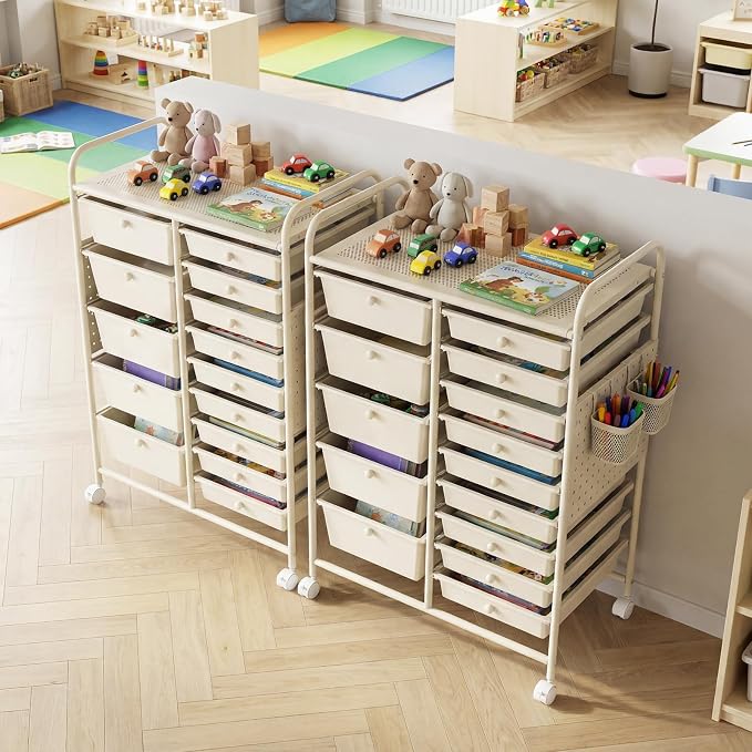 DREAMADE 15-Drawer Rolling Storage Cart, Craft Organizer Cart, White | Mobile Utility Cart with Metal Pegboard Panels, Tabletop and Lockable Wheels for Classroom, Office, Studio and Playroom