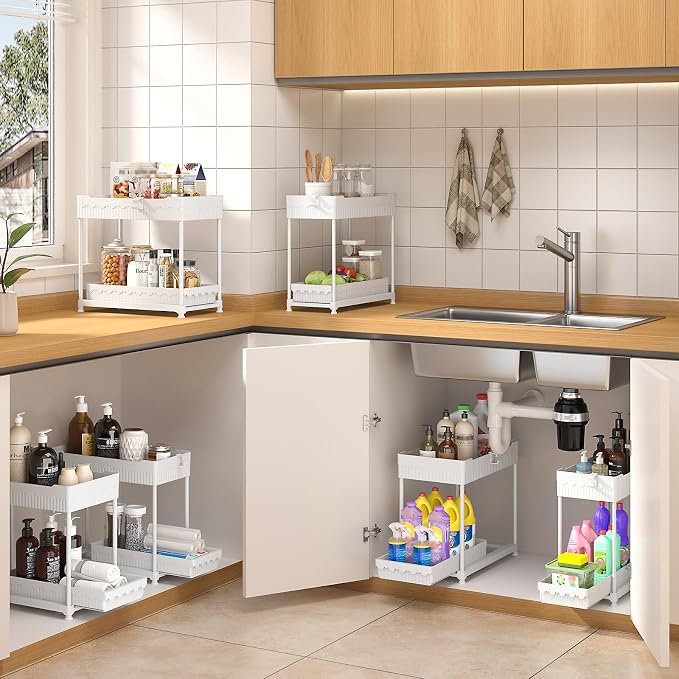Sevenblue 4-Pack 2-Tier Under Sink Organizer with Pull Out Drawers | Multi-use kitchen & bathroom storage. Includes hanging hooks and cups. White, space-saving cabinet design. 14.8 Inch