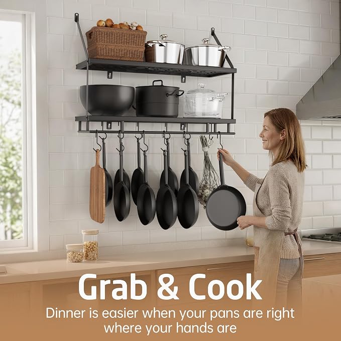 KES 30-Inch Kitchen Pot Rack - Mounted Hanging Rack for Kitchen Storage and Organization - Matte Black 2-Tier Wall Shelf with Guard Rail for Pots and Pans Organizer with 12 Hooks - KUR215S75B-BK