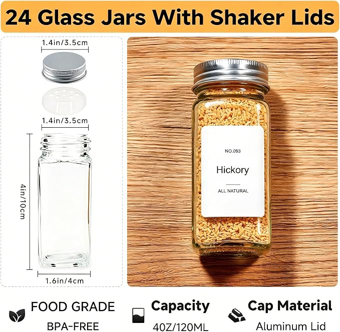 4-Tier Acrylic Wall Mount Spice Rack, Spice Organizer with 24 Glass Jars, 216 Labels & Funnel, Adhesive & Screw Mount Clear Spice Storage for Kitchen Pantry Cabinet, 12”W x 2.2”D x 2.4”H