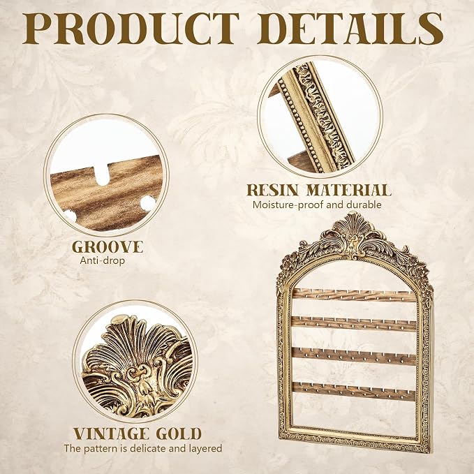 Large Hanging Earring Jewelry Organizers, 13 x 9.3 Inch 4 Layer Vintage Gold Arched Frame, Wall Mounted Jewelry Holder, Decorative Earring Organizer Display for Stud Earring Bracelet Necklace Ring