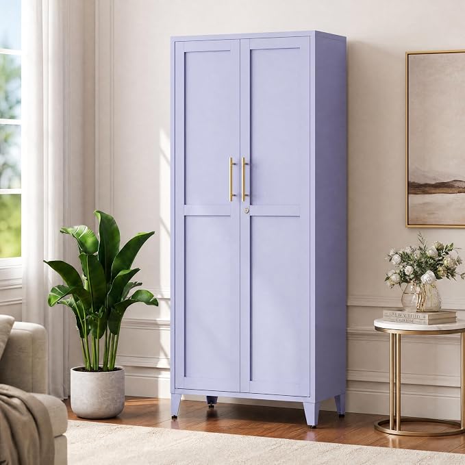 Lockable 61 Inch Tall Metal Storage Cabinet with Adjustable Shelves,4-Tier Steel Storage Locker,2-Door Metal Display Cabinet for Bedroom,Living Room, Home Office Purple