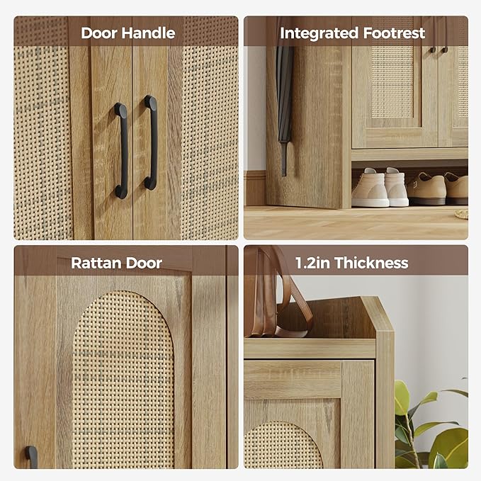 Mericonia Rattan Shoe Storage Cabinet, Farmhouse Shoe Cabinets Storage for Entryway, Boho Wooden Shoe Rack with 3 Doors for Entryway, Hallway (Natural, 3 Door)