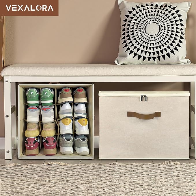 Shoe Organizer for Closet, 2 Pack Shoe Storage Bins with Clear Cover, Adjustable Dividers Fits 16-32 Pairs ShoeBoxes, Organizador de Zapatos, Khaki