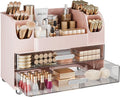 Delamu Large Makeup Organizer Countertop with 6 Brush Holders, Makeup Organizers for Vanity with 2 Large Drawers, Easy to Store Skincare, Lipsticks, Nail Polishes, Perfumes, Eyeshadow Palettes, Pink