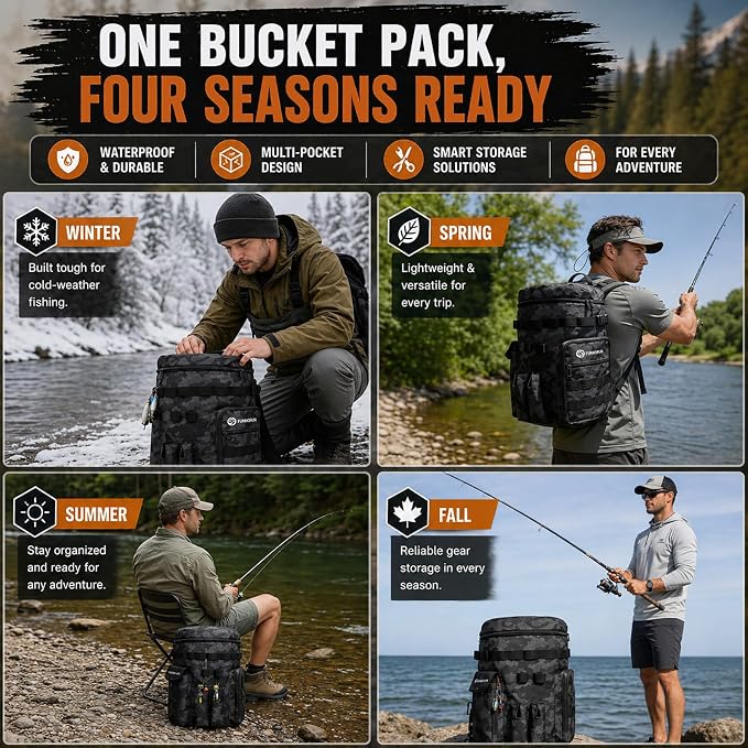 FUNHORUN Fishing Bucket Organizer for 5 Gallon Bucket, Fishing Tackle Bag | With Backpack Straps, Detachable Lid & Multi-Pockets for Storage, Full Water-Resistant (Bucket, Seat & Tools Not Included)