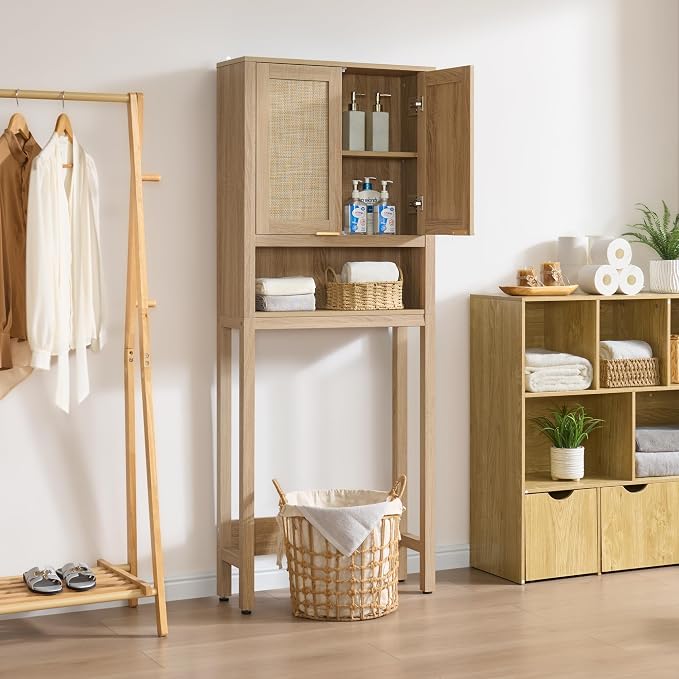 SICOTAS Over the Toilet Storage Cabinet, Rattan Door Bathroom Organizer | Freestanding Bathroom Organizer with Adjustable Shelf, Over Toilet Storage Cabinet for Bathroom, Laundry Room, dnd Restroom