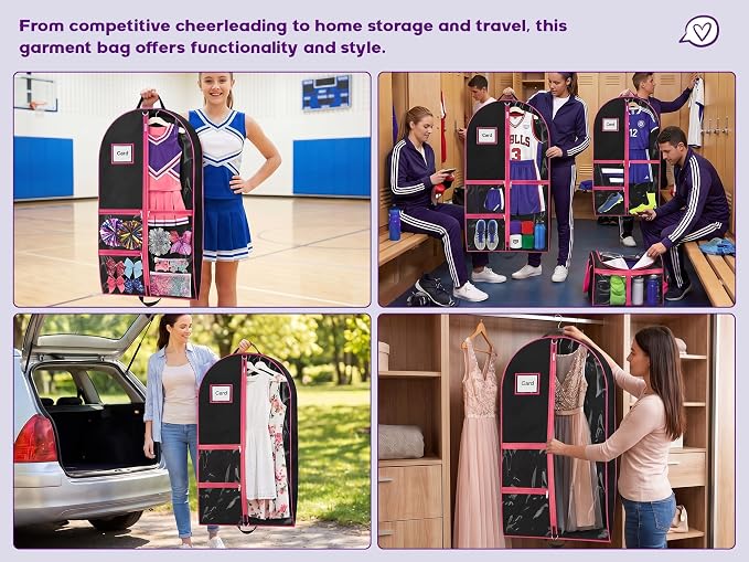 Dance Garment Bags for Dancers, 40" Garment Bags for Hanging Clothes with 3 Clear Zipper Pockets, Cheer Uniform Garment Bag for Suits, Travel & Sports Jersey (Black Pink, 1 Pack (40 inches))