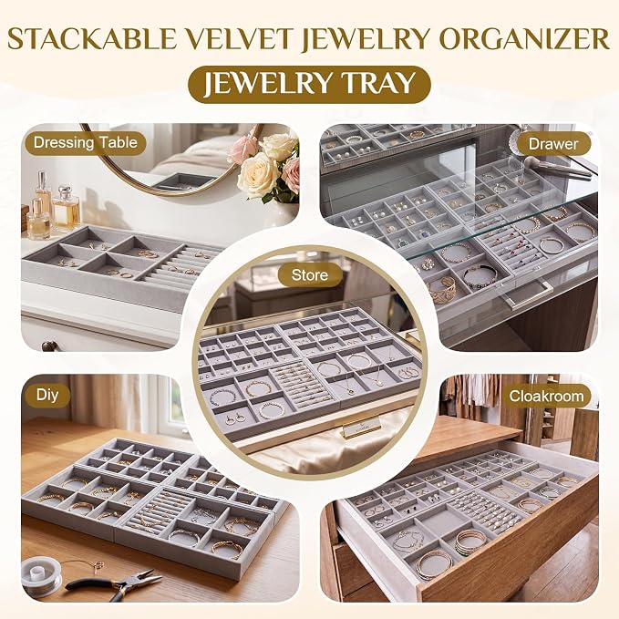 Unittype Set of 4 Stackable Jewelry Organizer Tray for Drawer Inserts Velvet Necklace Earring Bracelet Ring Holder Jewelry Display Storage Box for Bangle Stud Necklace Ring(Mixed Styles,Gray)