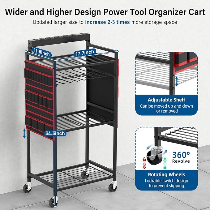 JUNNUJ Garage Large Power Tool Organizer Cart with 8 Outlet 3 USB Charging Station, Floor Rolling Drill and Tools Battery Storage Cart on Wheels, Heavy Duty Utility Rack Shelf with Power Strip