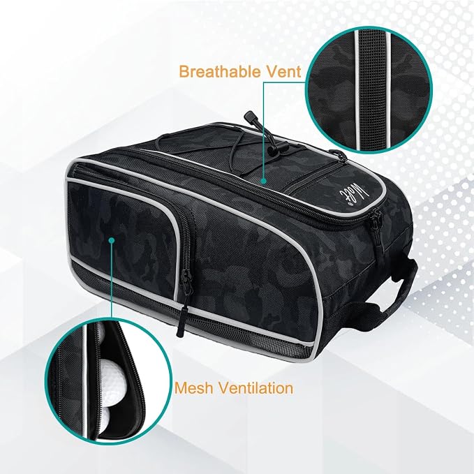 Wolt |Golf Shoe Bag for Travel- Zippered Shoes Carrier Bags with Ventilation & Double Outside Accessory Pocket for Socks, Tees, Golf Balls, Etc. for Women and Men (CamoBlack)