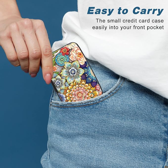 Credit Card Holder, Mini Aluminum Card Wallet RFID Blocking Slim Metal Hard Card Case for Women Men, Mandala Flower
