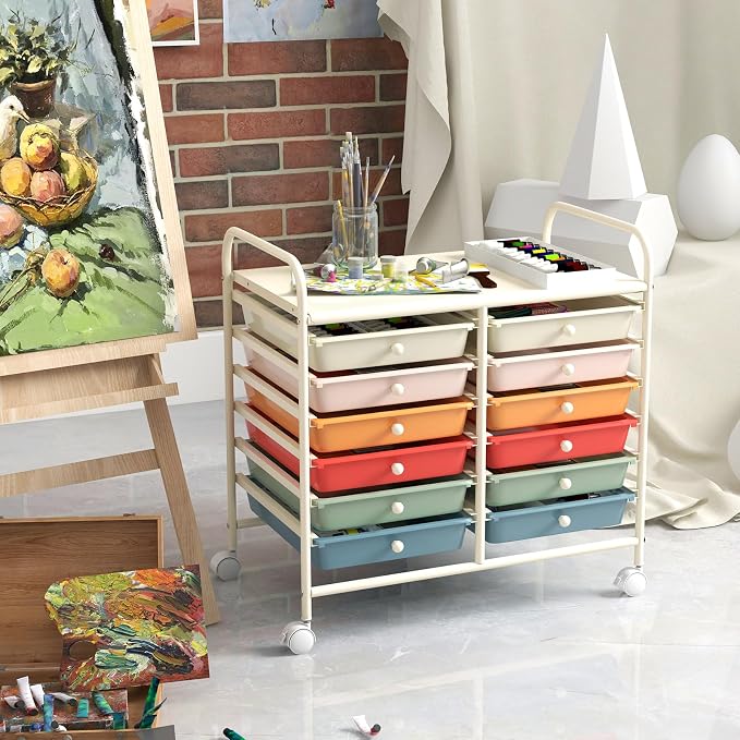 LDAILY 12 Drawer Rolling Storage Cart, Craft Cart Organizer on Wheels w/Metal Frame, Large Capacity & Smooth Drawer, Rolling Cart w/Drawers for Classroom, Office
