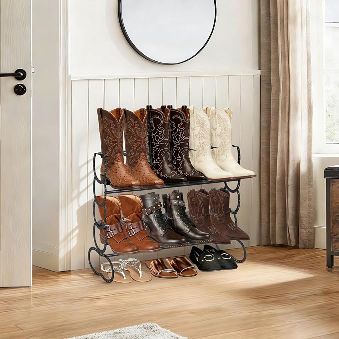 Cowboy Boot Rack 6 Pairs Horseshoe Boot Rack Cowboy Boots Storage Organizer Rustic Horseshoe Gifts Farmhouse Decor for Western Style Lovers Entryway Accessories (Two Level)