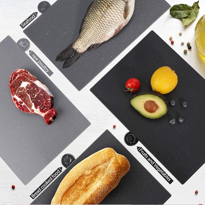 MASTERTOP Cutting Board Set for Kitchen - Index Plastic Chopping Board Set of 4, BPA Free, No Slip, Dishwasher Safe, Thicker Cutting Boards With Draining Rack Organizer
