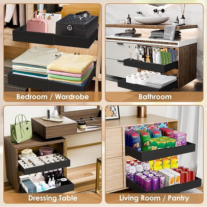 THMINS 4 Pack Heavy Duty Pull Out Cabinet Drawers - 21" Deep Expandable (12.6"-20.5") Kitchen Organizer (Black)