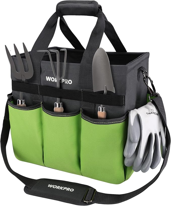 WORKPRO Garden Tool Bag, 10 Pockets and Shoulder Strap, Green | Heavy Duty Gardening Organizer Tote Bag Standable Garden Home Tool Kits Organizer (Tools are not Included)