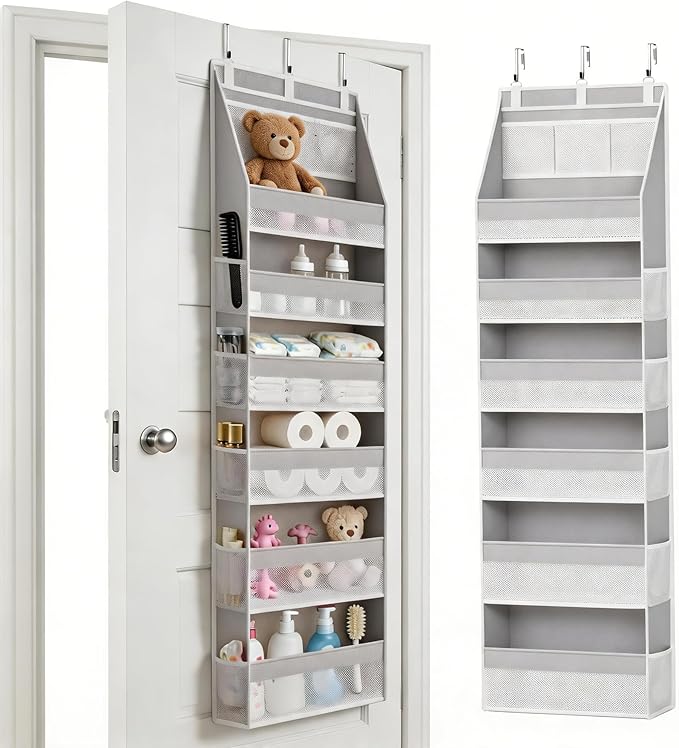 KMSCO Over The Door Organizer, 6 Large Pockets + 13 Mesh Side Pockets, Hanging Storage, 55lbs Capacity, Heavy Duty Non-Woven Fabric for Baby Nursery, Bathroom, Pantry, Closet, Grey, 1 Pack