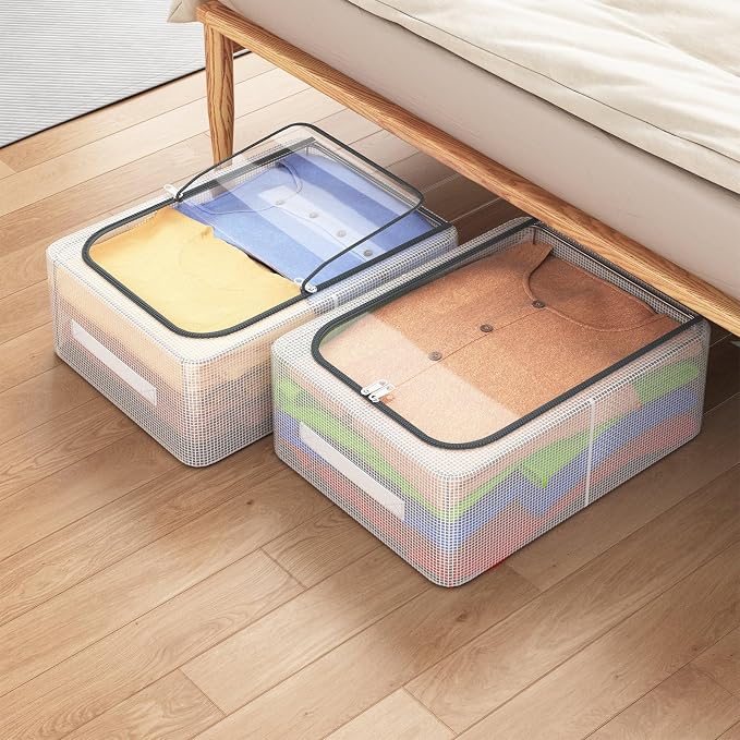 3 Pack Clear Shoe Closet Organizer for Boots Sneaker, 15.8" x 11.8" x 6" | Steel Frame, Waterproof PVC Cloth, Stackable Storage Boxes Bins for Under-Bed, Bedroom Dormitory