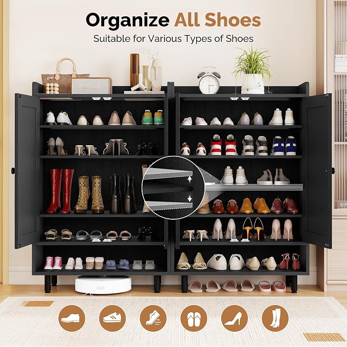 Farmhouse Shoe Cabinet with Doors, 6-Tier Wooden Shoe Organizer with Adjustable Shelves, Entryway Storage Cabinet, Rustic Shoe Storage for Entryway or Living Room (Black)