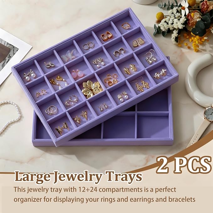 Large Velvet Jewelry Tray 2 Pack Stackable Jewelry Display Drawer Inserts Trays Organizer for Earring Bracelet Necklace Ring (Purple, 12 Grids+24 Grids)