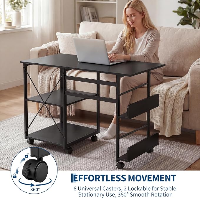 Garvee Folding Desk with Wheels, 31.5" Foldable Computer Desk with Storage Shelf, Space Saving Rolling Home Office Desk for Small Spaces, Portable Writing Table with Side Organizer, Black