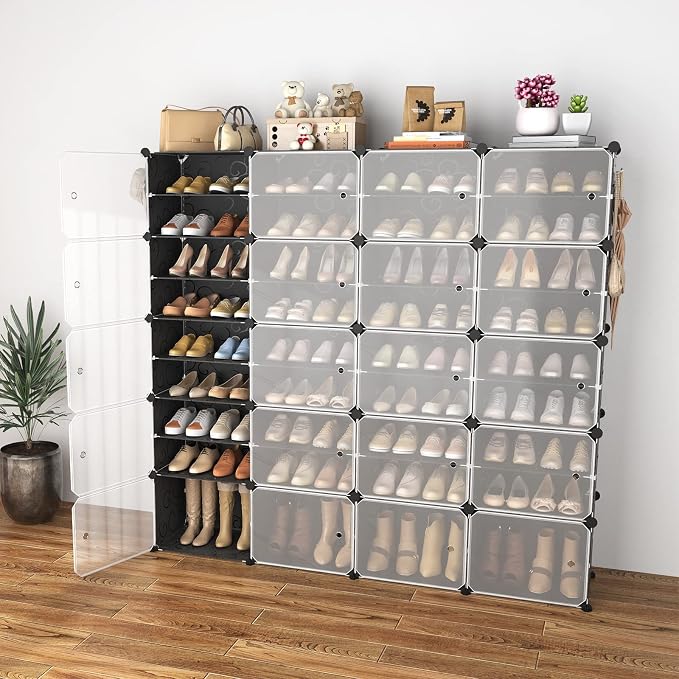 Portable Shoe Rack Organizer with Door, 80 Pairs Shoe Storage Cabinet Easy Assembly, Plastic Adjustable Shoe Storage Organizer Stackable Detachable Free Standing DIY Expandable 10 Tier Black