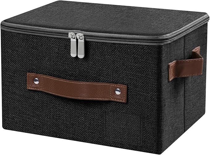 ANMINY Small Fabric Storage Box Bins with Zipper Lid, Washable Black | Cotton Linen Fabric, PP Board Frame, Label Holder, Stackable & Foldable, PU Handles, Dual-Zipper 3-Side Open Lid