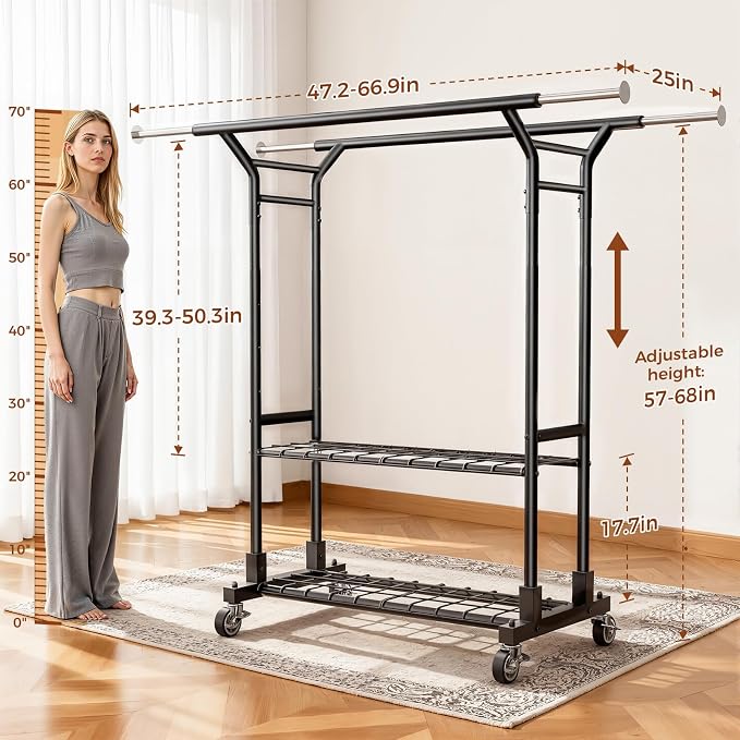 Luxspire Double Rod Clothing Racks for Hanging Clothes Load 650 LBS, Black | Zinc-iron alloy frame, 2-tier sturdy shelves, lockable silent wheels, adjustable extendable rods for bedroom & laundry room