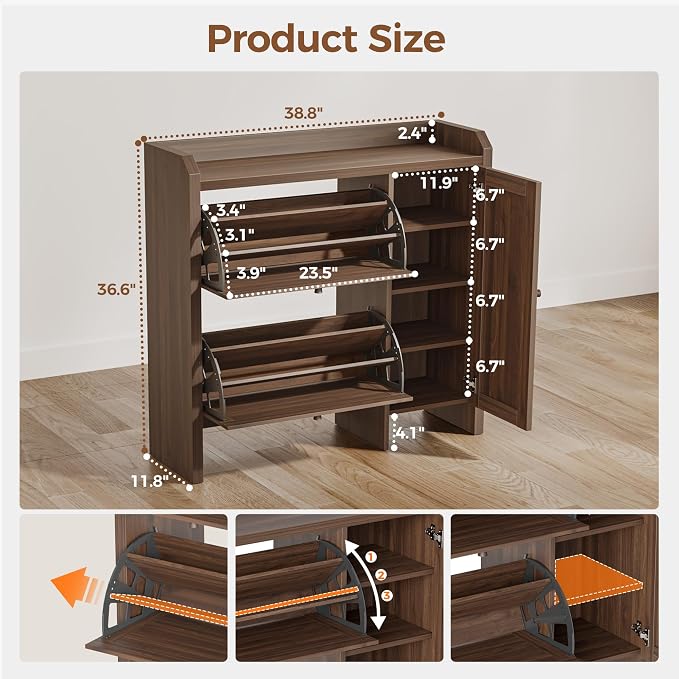 Mericonia Shoe Cabinet Storage for Entryway with 2 Flip Drawers(3-Tier), Rattan Freestanding with Door & 3 Adjustable Shelve,Hidden Shoe Rack Organizer for Hallway, Foyer