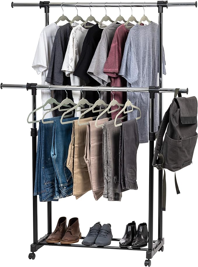 IRIS USA Portable Double-Rod Height Adjustable Clothes Rack with Extendable Bar and Lockable Wheels, Rolling Garment, Double Rod Wardrobe Rack, Easy Assemble, for Clothes, Belts, Shoes, and Bags | Adjustable hanging space for garments, accessories, and...