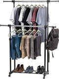 IRIS USA Portable Double-Rod Height Adjustable Clothes Rack with Extendable Bar and Lockable Wheels, Rolling Garment, Double Rod Wardrobe Rack, Easy Assemble, for Clothes, Belts, Shoes, and Bags | Adjustable hanging space for garments, accessories, and...