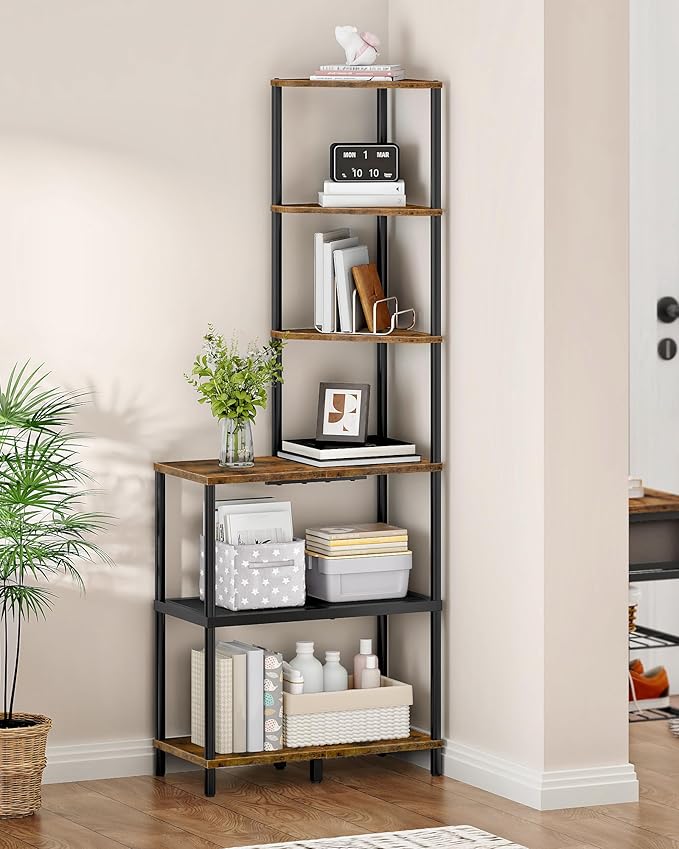 CHOEZON 6-Tier Corner Shelf, Industrial Corner Bookshelf with Desk Top, Diamond-Shaped Storage Shelves, Display Stand for Small Spaces, Living Room, Home Office, Foyer, Rustic Brown and Black TCJ70BF