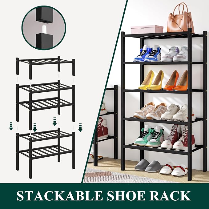 Smiry Small Bamboo Shoe Rack, 2 Tier Free Standing Wooden Shoe Organizer, Stackable Wood Shoe Storage Shelf for Closet, Entryway, 12 Vertical Slats, One-piece Standard Legs, 17.3"x11"x13", Black