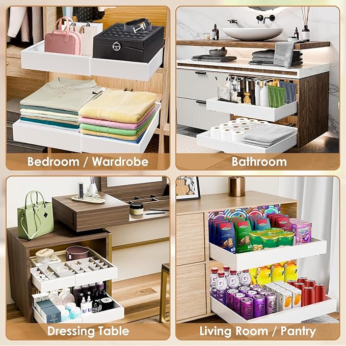 THMINS 4 Pack Pull Out Cabinet Organizer, 21" Deep Expandable(12.6"-20.5") Heavy Duty Slide Out Drawers, Pull Out Drawers for Cabinets Suitable for Kitchen Storage (White)