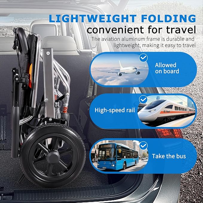 Ultra Lightweight Foldable Wheelchair, Only 19.8 lbs, Airline Approved, 300 lbs Capacity, One-Second Fold, All-Terrain Wheels, Compact Transport Chair for Adults Seniors (Black-Orange)