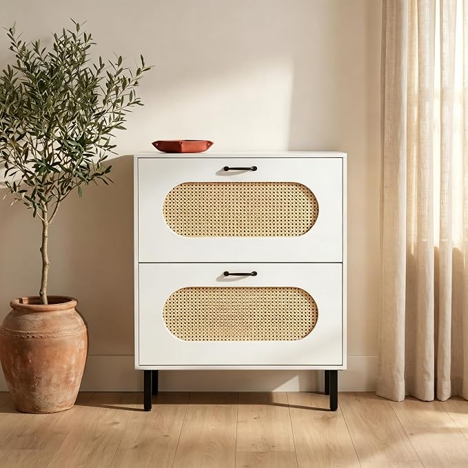 SUNCROWN 2 Flip Drawers Shoe Storage Cabinet, Freestanding Narrow Entryway Organizer, Natural Semi-Circular Rattan Doors, Adjustable Shelves & Anti-Tip Kit, White