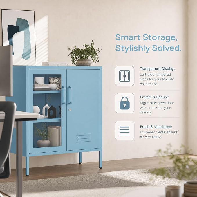 Lockable Metal Storage Cabinet Locker Adjustable Shelves, Multifunctional Versatile Storage Lockers, Easy Assembly Durable Metal Sideboard Furniture for Bedroom Home Office Blue