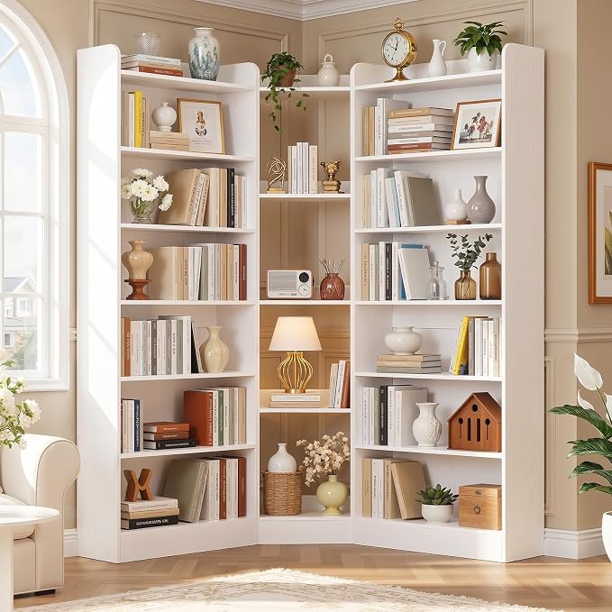 Unikito 71.3" Tall Corner Bookshelf Etagere Bookcase with Baffle, White | Large L-Shaped Asymmetric 7 Tiers Freestanding Storage Organizer Display Stand Shelf for Home Office, Living Room
