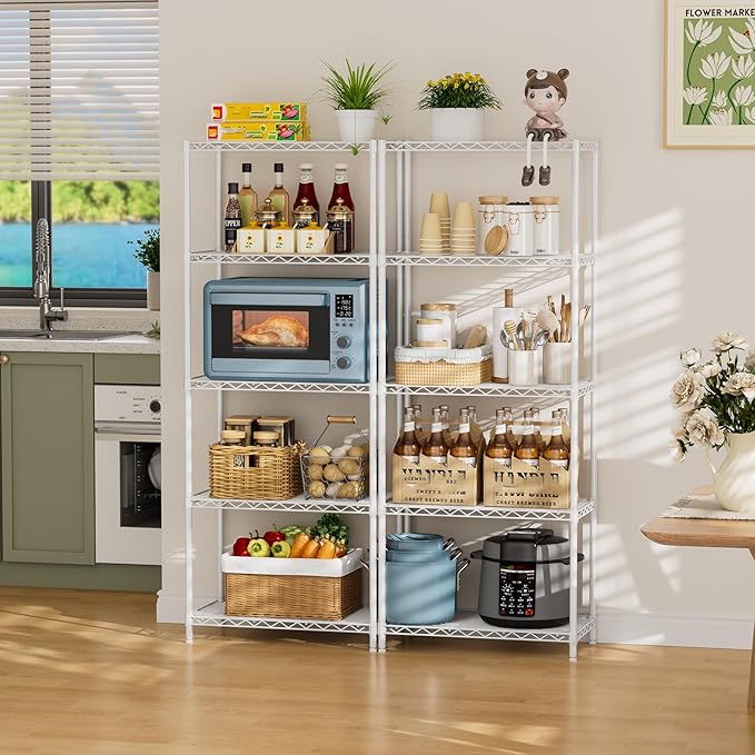 SINGAYE 5 Metal Shelves Wire Shelving Storage Shelf Adjustable Unit Pantry | 5 Tier Kitchen Laundry Room Organization Home Pantry Closet Bathroom Organizers Garage Rack 12" D x 22" W x 59" H White