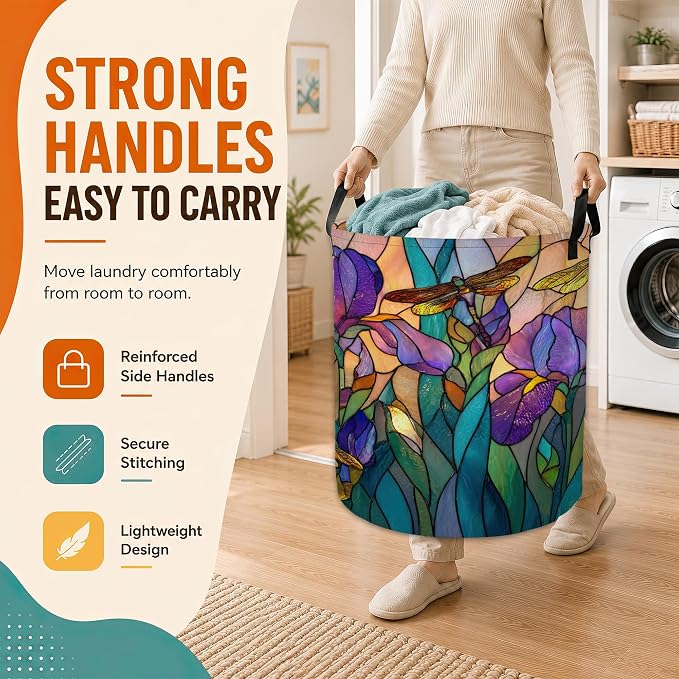 Tulip Dragonfly Glass Laundry Basket,Foldable Oxford Laundry Hamper with Handles,Portable Clothes Tote Bag Clothes Storage Bucket Organizer 20.8" x16" For Bathroom/Laundry Storage/Bedroom