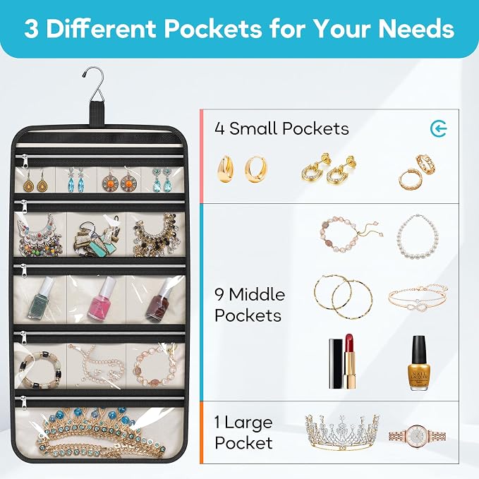 MISSLO Hanging Jewelry Organizer Travel Foldable Jewelry Roll Storage Case with 14 Cotton Zippered Pockets for Traveling, Closet, Suitcase