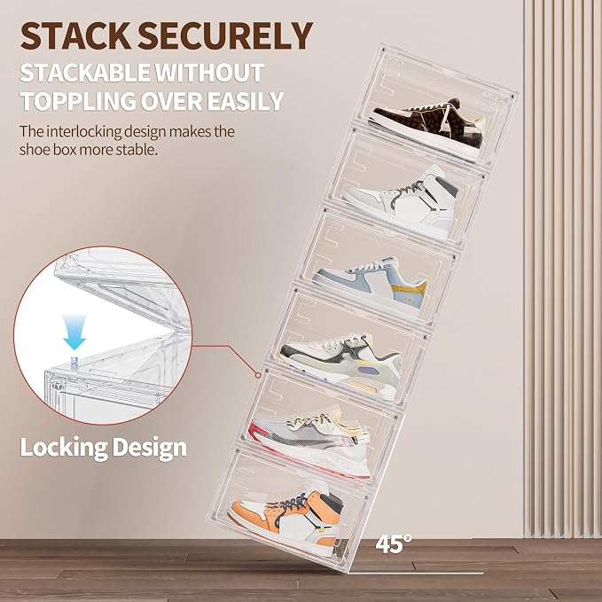 6 Pack Hard Plastic Clear Shoe Storage Organizer Boxes, White | Heavy Load Up to 80lb,Acrylic Magnetic Door,Stackable,Easy to Assemble,Dust-free,for Closet,Entryway,Under Bed,Small Space