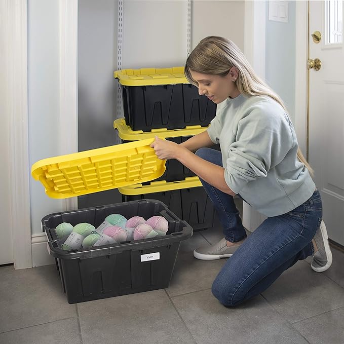 CX BLACK & YELLOW 12-Gallon Heavy Duty Storage Bins with Lids, Stackable Plastic Storage Bins, Dorm Room Essentials, Back to School, Classroom Organization, Home Organization, 4 Pack (12.51H x 16.3W x 21.8D)